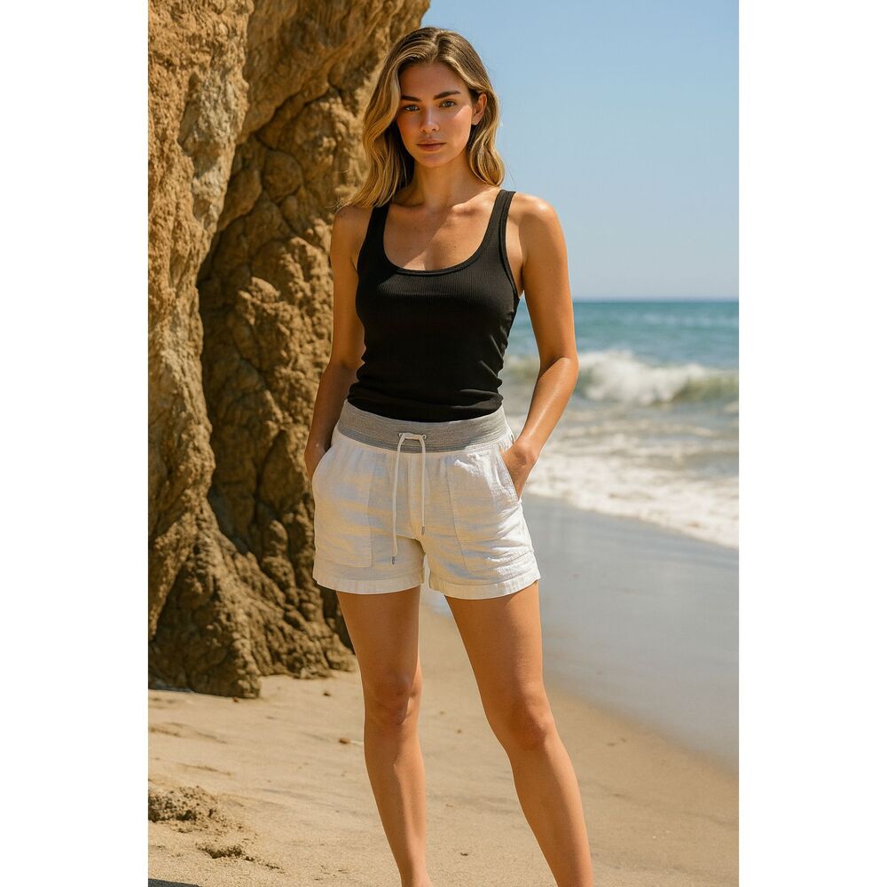James Perse Cream Drawstring Linen-Blend Shorts